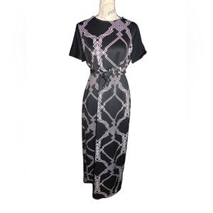 Chic Black and White Patterned Maxi Dress w/ Tie Belt